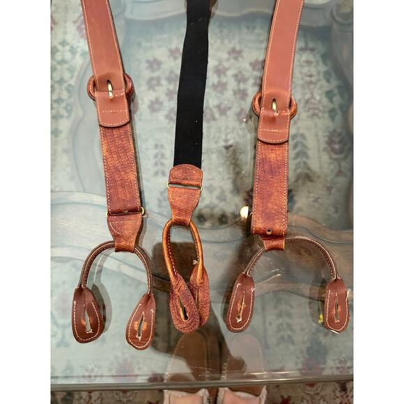 Trafalgar Men's Brown Alligator Leather Brass Button Hole Suspenders - Picture 4 of 4